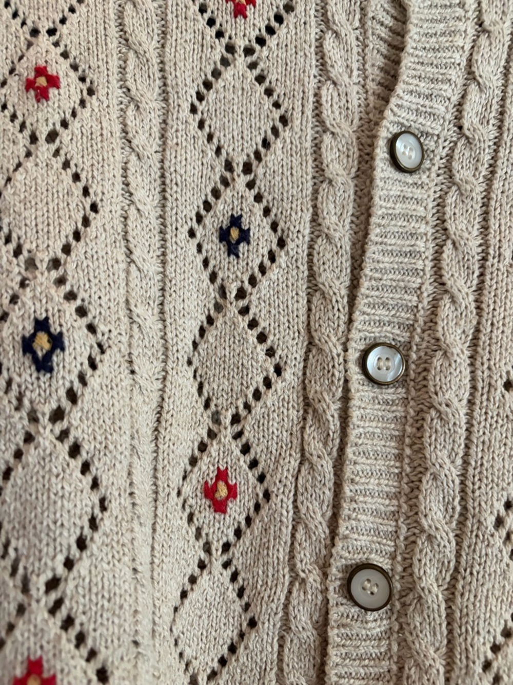 Women's Cream Open-Knit Button Cardigan with Red & Navy Accents - Picture 2 of 3